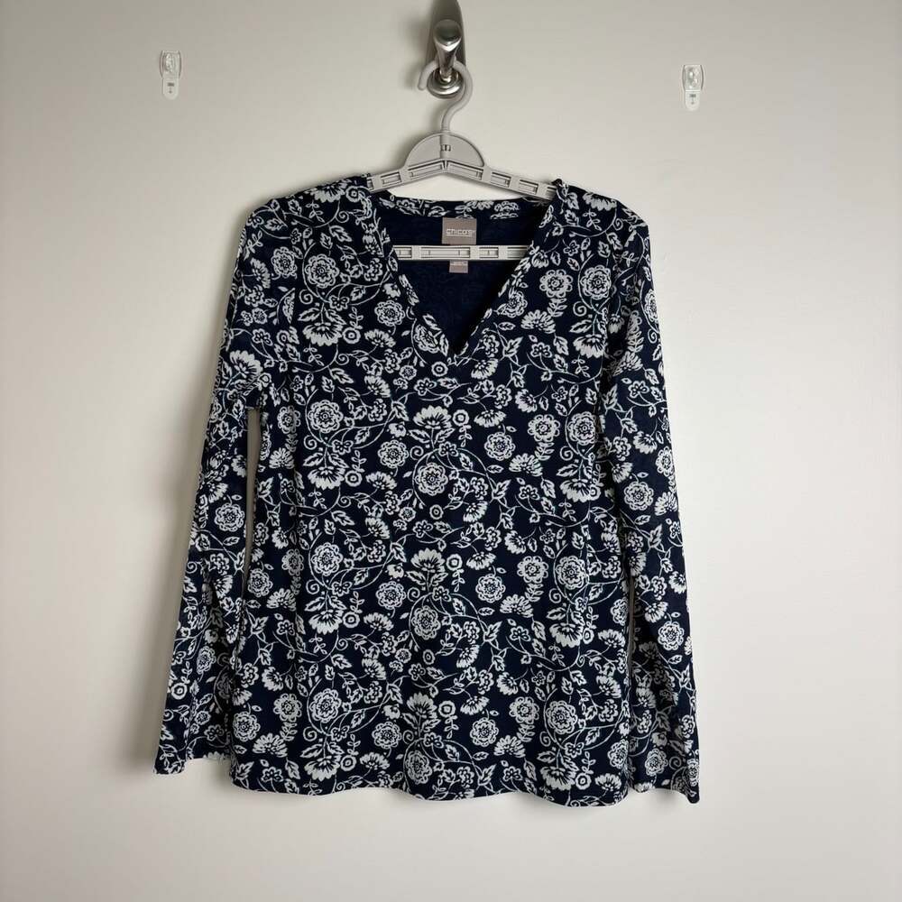 CHICO'S Lined Georgette V-Neck Long Sleeve Top Womens M Navy White Floral